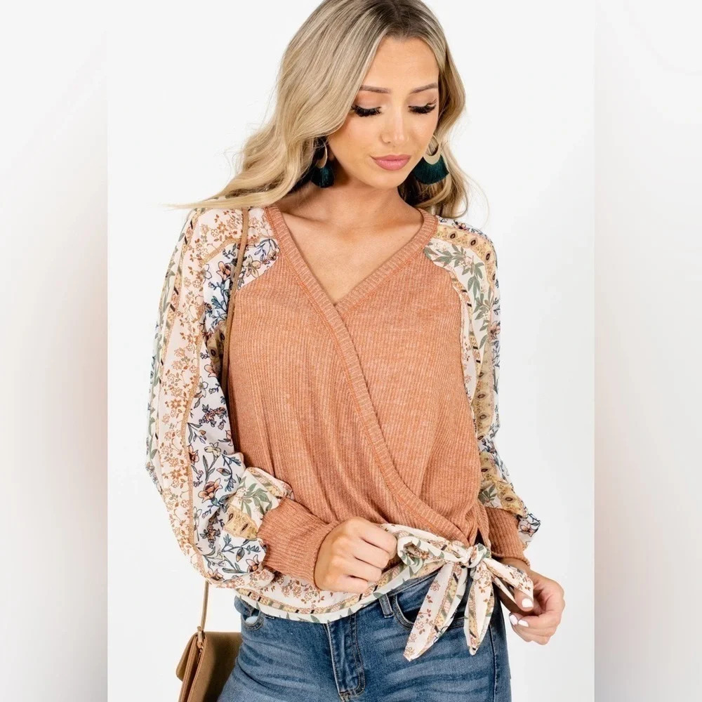 NWOT Blu Pepper | Burnt Orange Bohemian Top /bow Sz M - Picture 2 of 12